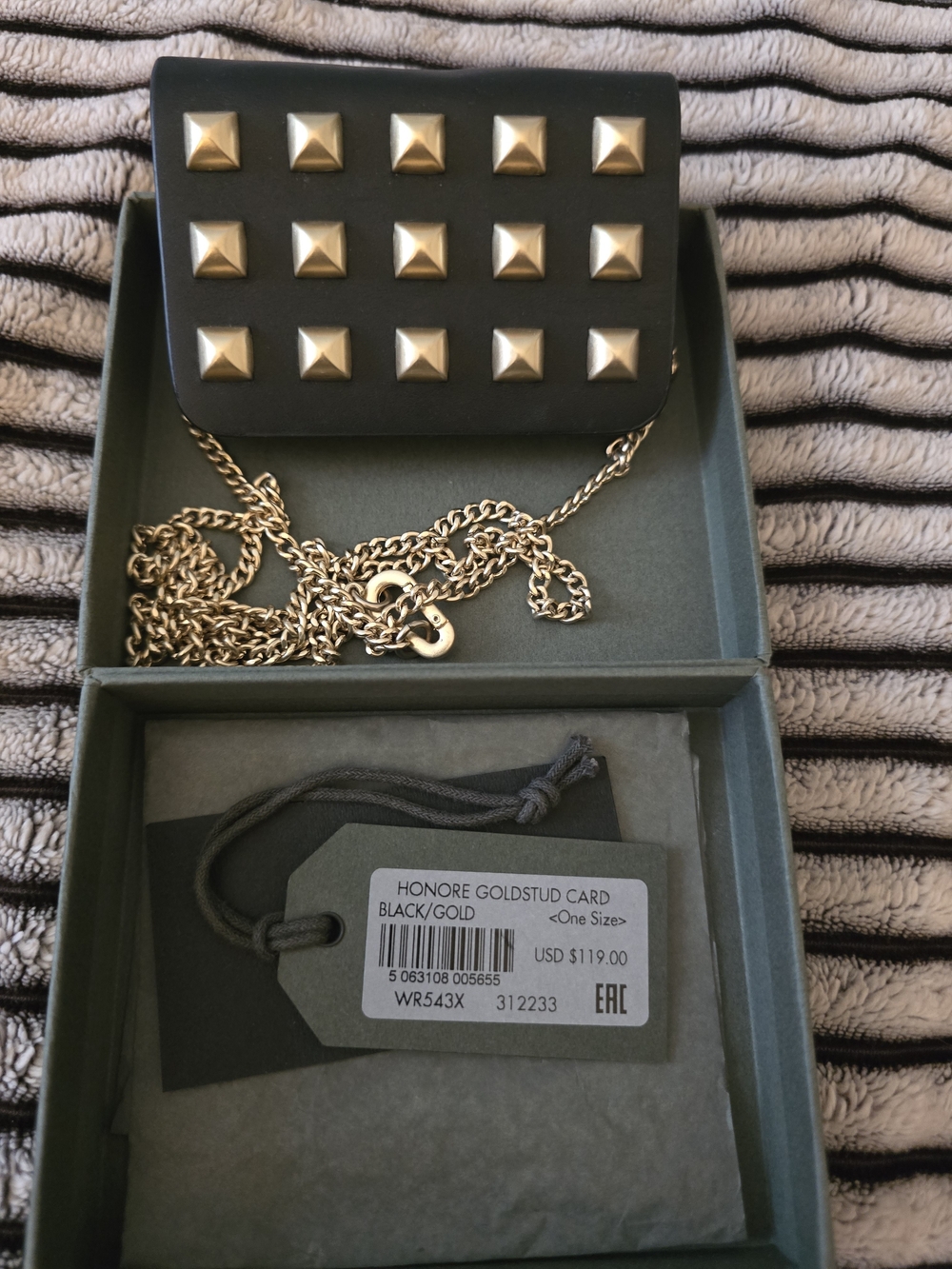All Saints Black Card Holder with Gold Studs and Gold Chain